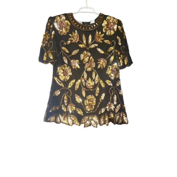 Stenay Tops - Vintage Stenay Black Gold Sequin Beaded Silk Blouse Top‎ Size 8 Elegant Formal